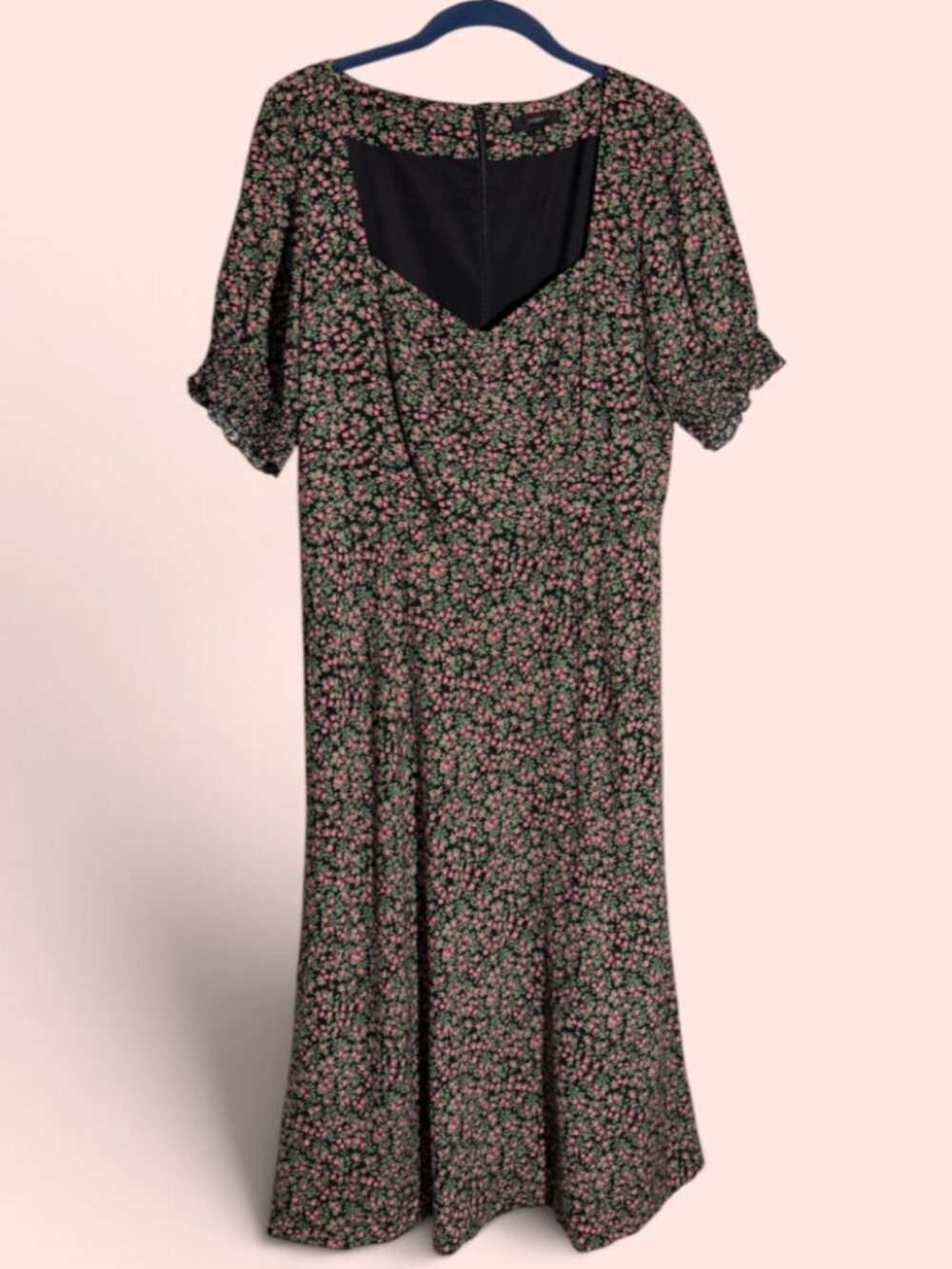 J. Crew Smocked Sleeve Green Black Red Floral Midi Dress Sz 12